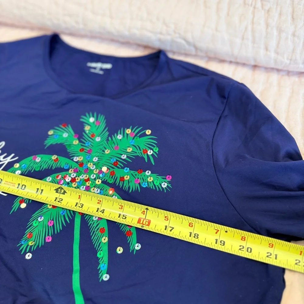 🎄Palm Tree Sequins ‘Beachy n Bright’ Swim Top Rash Guard XL Beach Land’s End